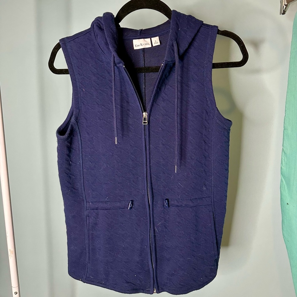 Kim Rogers Navy Blue Quilted Zip-Up Hooded Vest Size S